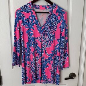 Lilly Pulitzer Etta V-Neck Prosecco Pink Hangin Around 3/4 Sleeves Shirt Size S